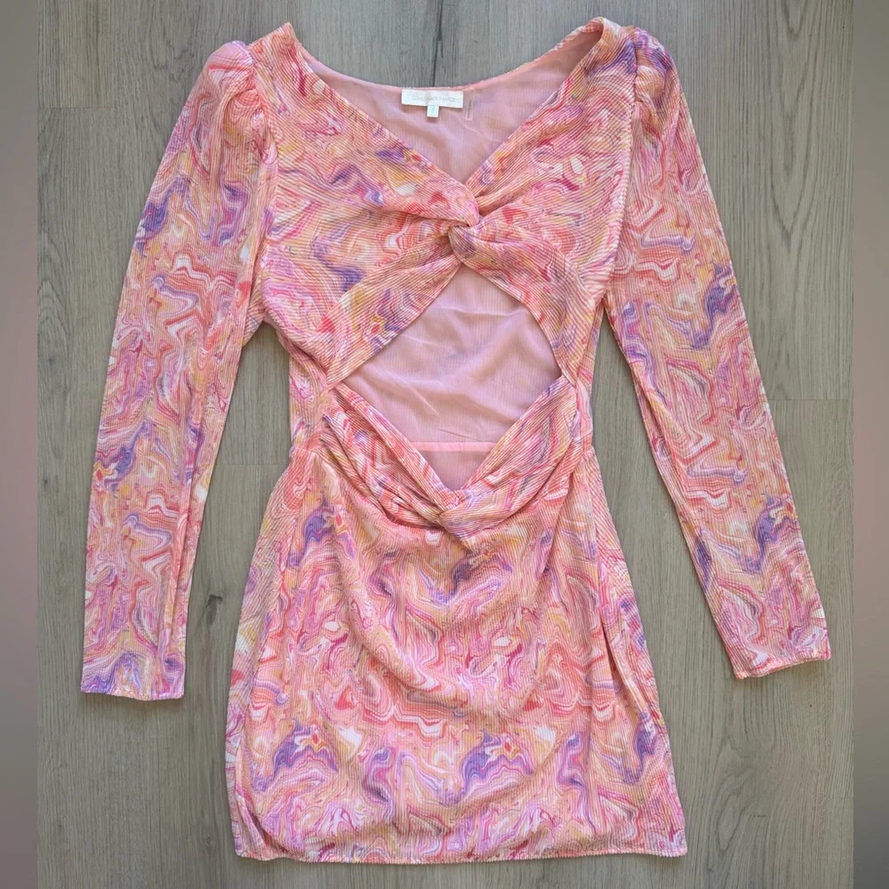 EUC Love Shack Fancy Pink Purple Marble Swirl Long sleeve Cut-Out Dress  Size 8